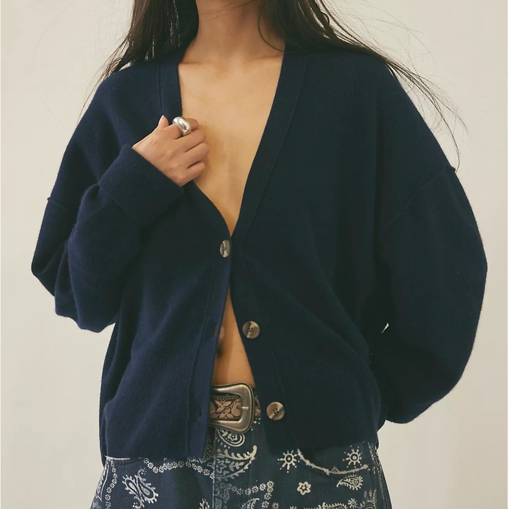 Free People Eclair Cashmere Cardigan XS Midnight Navy Blue Button Front NWT